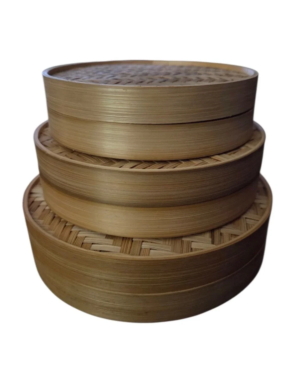 Set of 3 Vintage Hand Woven Bamboo Containers/Baskets with Lid in Natural Finish